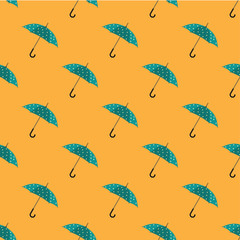 Seamless blue umbrella pattern on orange background in the colors of autumn and summer. Repeating umbrella texture.