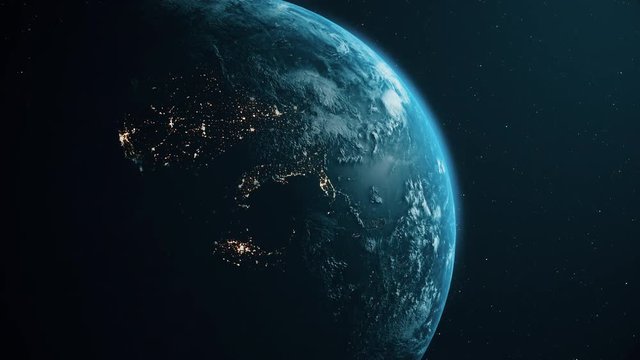4K Sunrise over the Planet Earth. 3D Animation.