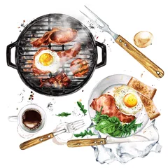 Poster Im Rahmen Bacon and Egg Breakfast on Grill. Watercolor Illustration. © nataliahubbert