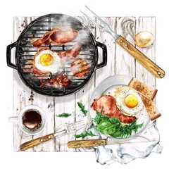 Küchenrückwand glas motiv Bacon and Egg Breakfast on Grill. Watercolor Illustration. © nataliahubbert