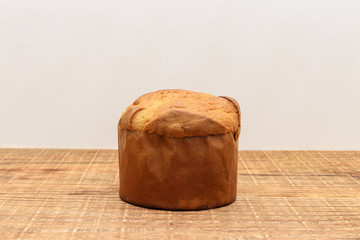 panettone cut with rustic wooden board