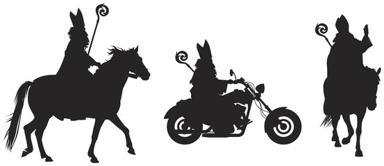 Heilige Nikolaus, Sinterklaas on the horse and bikers' bike vector silhouettes, winter holiday figure based on Saint Nicholas, Bishop of Myra, eve and feast of Saint Nicholas Gift Giver, Santa Claus