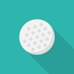 Golf ball flat icon with long shadow isolated on blue background. Simple golf ball in flat style, vector illustration for web and mobile design. Sport equipment elements vector sign symbol.