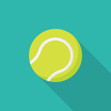 Tennis ball flat icon with long shadow isolated on blue background. Simple Tennis ball in flat style, vector illustration for web and mobile design. Sport equipment elements vector sign symbol.