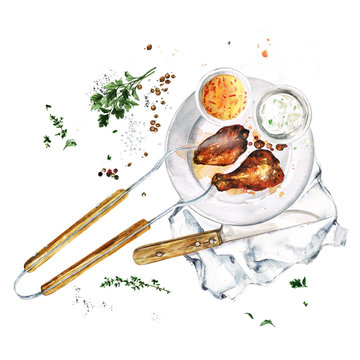 Grilled Chicken Wings. Watercolor Illustration.