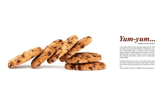 Creative layout with collapsed pile of yummy chocolate chip cookies with sample text