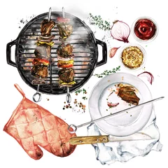 Foto auf Leinwand Grilled Meat Kebab. Watercolor Illustration. © nataliahubbert