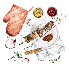 Poster Grilled Meat Kebab. Watercolor Illustration. © nataliahubbert