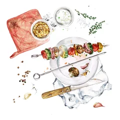 Foto auf Acrylglas Grilled Vegetable Kebab. Watercolor Illustration. © nataliahubbert