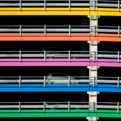 Parking garage with colored lines