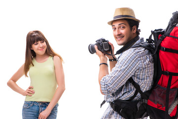 Young family preparing for vacation travel on white