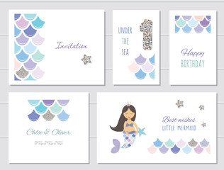 Mermaid birthday card templates set for girls. One year anniversary. Included fish skin pattern with silver glitter.