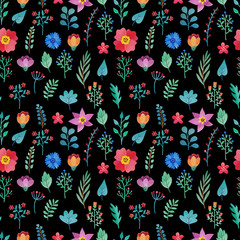 Seamless floral pattern with hand drawn watercolor flowers and leaves on black background