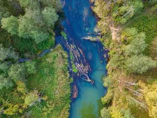 Obraz premium Aerial top view of autumn forest and blue river