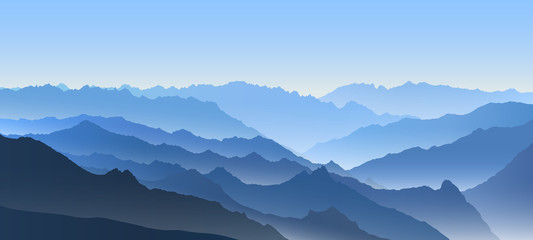 Beautiful blue vector landscape with a curvy valley in Himalaya mountains. - obrazy, fototapety, plakaty