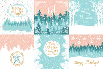 Merry and Bright Christmas, Happy Holidays, Happy New Year greeting cards set. Vector winter holidays backgrounds with hand lettering calligraphic, christmas tree branches, snowflakes, falling snow.