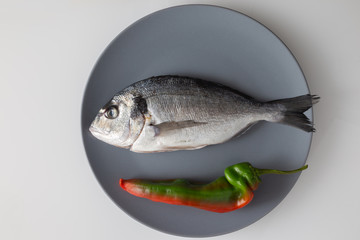 Sea bream on a plate with a peeper