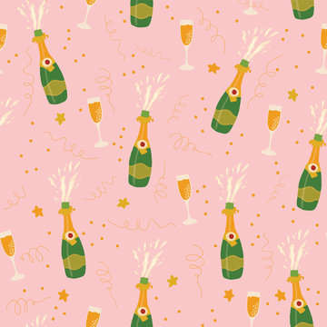 Champagne bottles and glasses vector seamless pattern on pink background. Hand drawn champagne explosion and champagne flutes. Coordinate for sip and see collection. Party invitation, holiday card