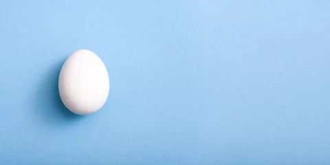 Zelfklevend Fotobehang White egg on blue background with copy space © kavzov