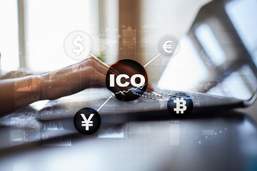 ICO, Initial Coin Offering. Digital electronic binary money financial concept. Bitcoin currency...