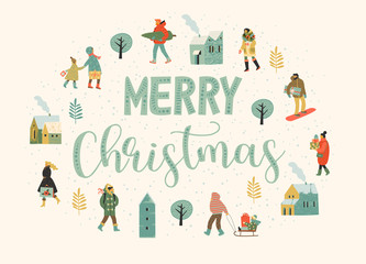 Christmas and Happy New Year illustration whit people. Trendy retro style.