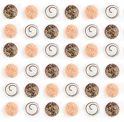 Collection of many delicious doughnuts side by side isolated on white background, top view