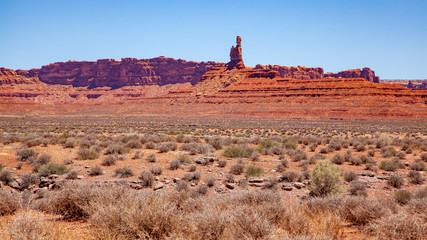 Iconic Southwest US desert brown sandstone monument in the former Bears Ear National Monument located in the Valley of the Gods, Mexican Hat, Utah