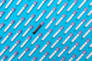 Hematology blood analysis report with lavender color sample collection tubes. medicine test tubes...