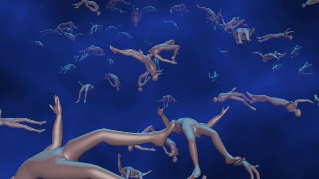 Hundreds of people floating in space. 3d animation. Full screen distribution of bodies