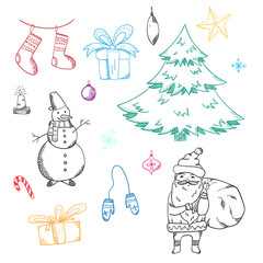 Big set of doodle Christmas elements including fir, snowman, Santa Claus, giftboxes, mittens. stocking, decorating balls for new year banner design, stickers, coloring books, kids apps