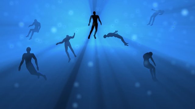 Glowing people, orbs of light in blue fog. Rotating, floating bodies.3d animation. 3d rendering. Static camera