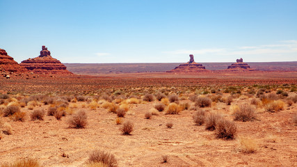 Iconic Southwest US desert brown sandstone monument in the former Bears Ear National Monument located in the Valley of the Gods, Mexican Hat, Utah