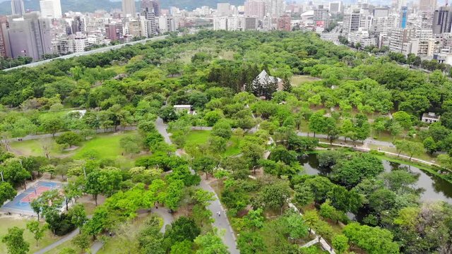 Top view aerial of taipei park to the city