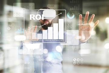 ROI, Return on investment business and technology concept. Virtual screen background.