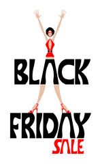 Black friday sale logo with hands up happy woman flat cartoon vector