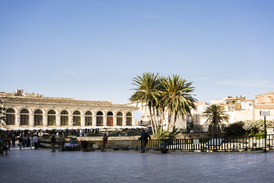 Piazza Emanuele Pancali on Ortigia Island with Roman ruins, Syracuse, Sicily, Italy