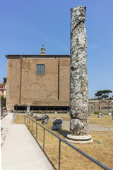 Panoramic view of Ruins of Roman Forum and Capitoline Hill in city of Rome, Italy