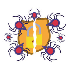 broken shield with padlock isolated icons