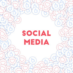 Social media icons. Social media marketing concept. Falling scattered thumbs up hearts. Round random
