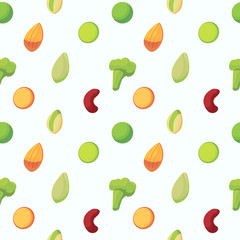 Seamless pattern with high protein vegan food . Almond, lentils, , pistachio, pumpkin seeds, broccoli, pea and red bean. Vector flat illustration. Food background.