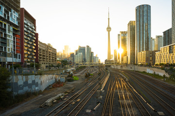 Cityscape ot Toronto downtown from Bathrust bridge on sunrise