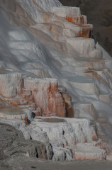 Vertical detail of steaming orange and white terraces glowing in the sunlight at Mammoth Hot Springs in Yellowstone National Park in the United States.