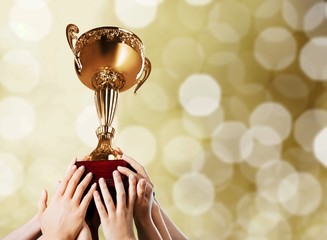 Hands holding golden trophy on light background