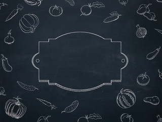 Top view. Painting handwrite fruits and vegetables on chalkboard style. Dark background with vintage frame