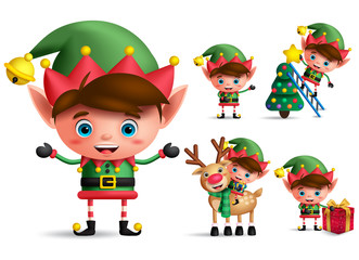 Boy christmas elf vector character set. Little kid elves with green costume holding christmas gifts and elements isolated in white background. Vector illustration.
