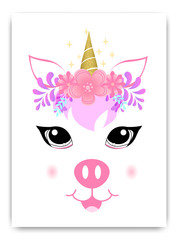 Cute pig with horn and flowers.