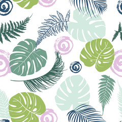 Tropical leaves seamless background. Cute multicolor pattern with exotic leaves for decoration and print.