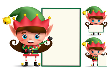 Girl christmas elf vector character set holding empty white board with space for text isolated in white background. Vector illustration.
