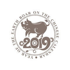 Round stamp Chinese Zodiac Sign Year of the Boar. Concept Chinese New Year 2019. Vector template on white background.