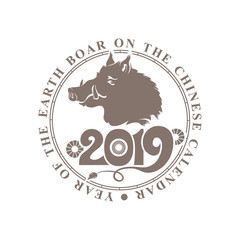 Round vector stamp Chinese Zodiac Sign Year of the Boar. Concept Chinese New Year 2019. Vector template on white background.